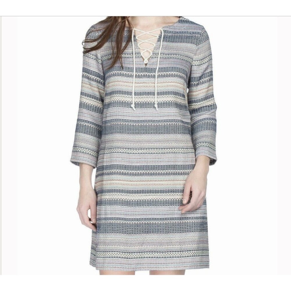 Lilla P Tweed Striped 3/4 Sleeve Shift Dress Lace-up Detail Size L